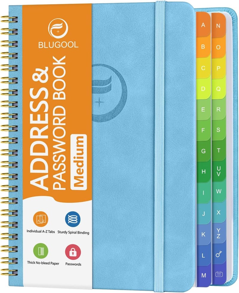 Blugool Address Book with Alphabetical Tabs-Address and Password Book for Seniors - Hardcover Spiral Bound Phone Book- Record Contacts,Website Login Passwords, Special Days -5.7" x 7.7", Blue - Image 1